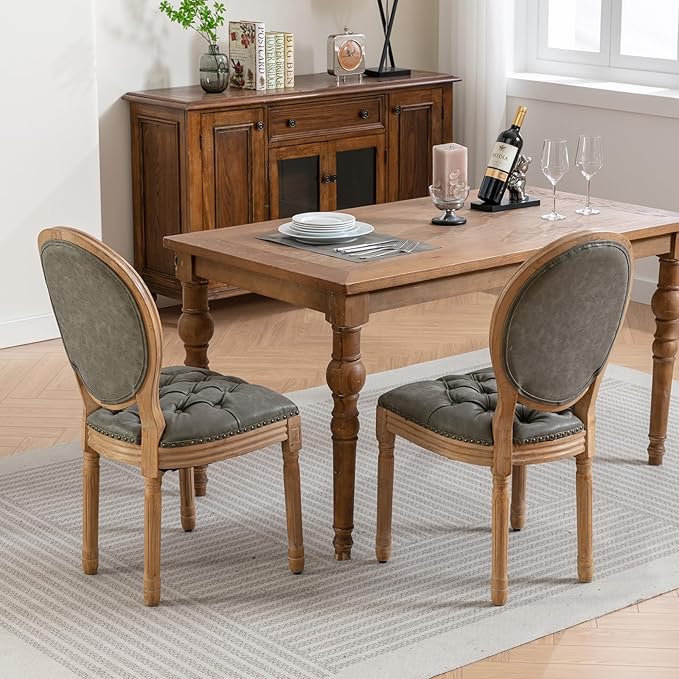 French Country Dining Chairs Set of 8, Olive Kitchen & Dining Room Chairs, Faux Leather Kitchen Chairs, Tufted Upholstered, Wood Legs, Sillas De Comedor (PU, Pine Green, 8Pcs)