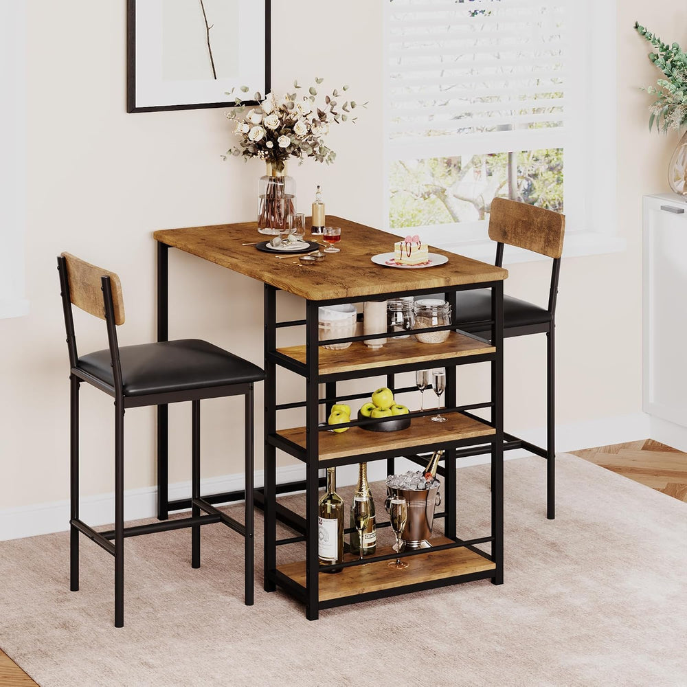 Bar Table and Chair Set with 3 Shelves, 2 Upholstered Stools, Vintage | Small...