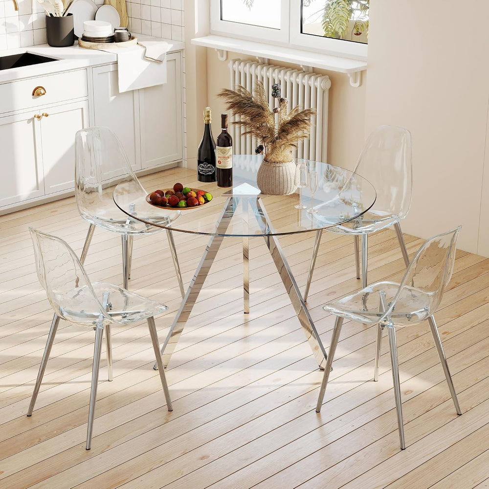 Round Dining Table Set for 4, 39" Clear Tempered Glass Table with Sliver...