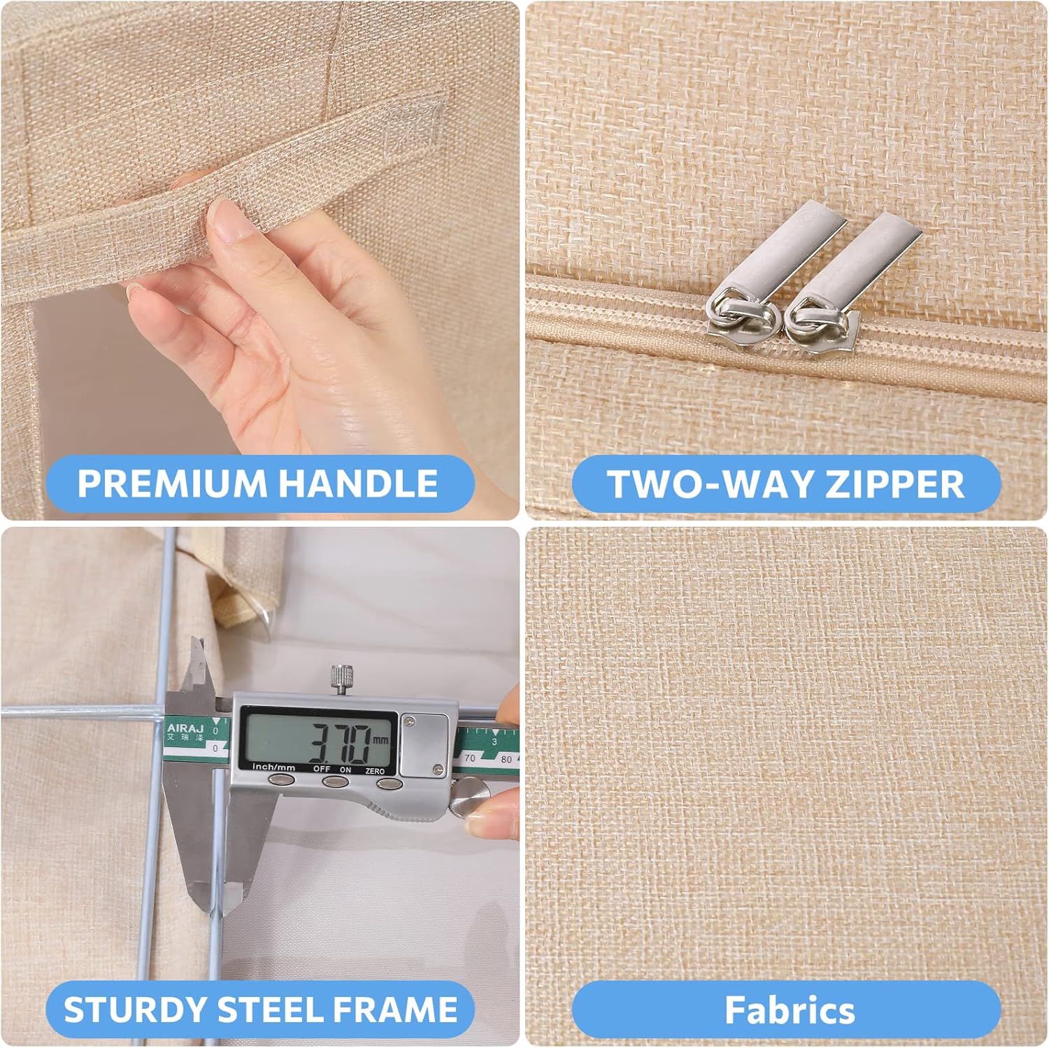 CYhom 3Pack Foldable Storage Bins - Frame Storage Box Linen Fabric Stackable Clothes Container Organizer with Clear Window & Carry Handles Large Capacity (Medium-36L, Beige)