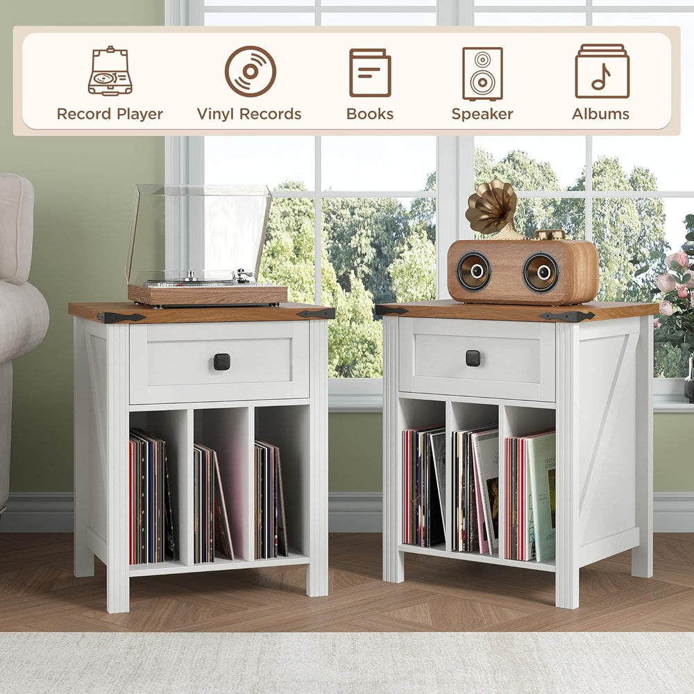 Farmhouse Record Player Stand with Vinyl Record Storage, End Table with Charg...