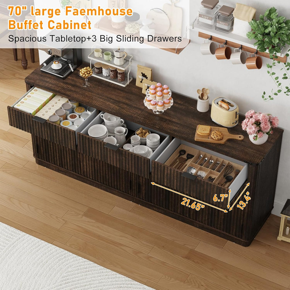 70” Rounded Edge Large Sideboard Buffet Cabinet with 3 Storage Drawers,Farmho...