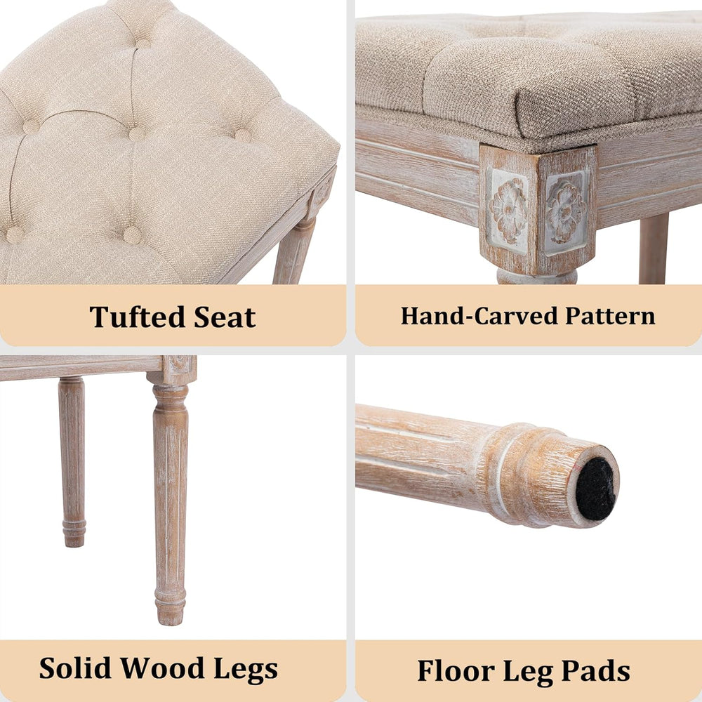 Tufted Dining Bench French Vintage Fabric Upholstered Wood Dining Room Bench ...