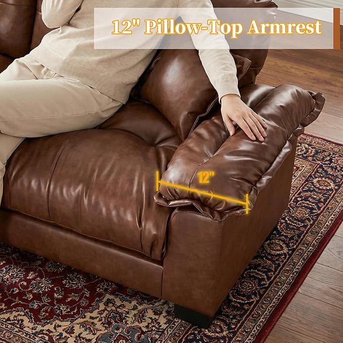 Faux Leather Sofa, Mid Century Modern Deep Loveseats, Comfy Cloud Couch, Tufted Pillow Top Arm Furniture for Living Room, Apartment, Cognac Brown