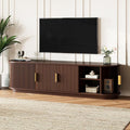 Farmhouse Wooden TV Stand with Sliding Tambour Door for TVs up to 75", Fluted Media Console with Adjustable Storage, Golden Handle TV Cabinet with Cable Holes for Living Room, Walnut