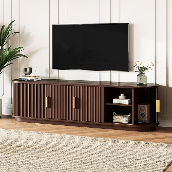 Merax Fluted Wooden TV Stand for TVs up to 75", Farmhouse Entertainment Center with Sliding Door, Curved Media Console with Adjustable Shelves, Modern Television Cabinet for Living Room, Walnut