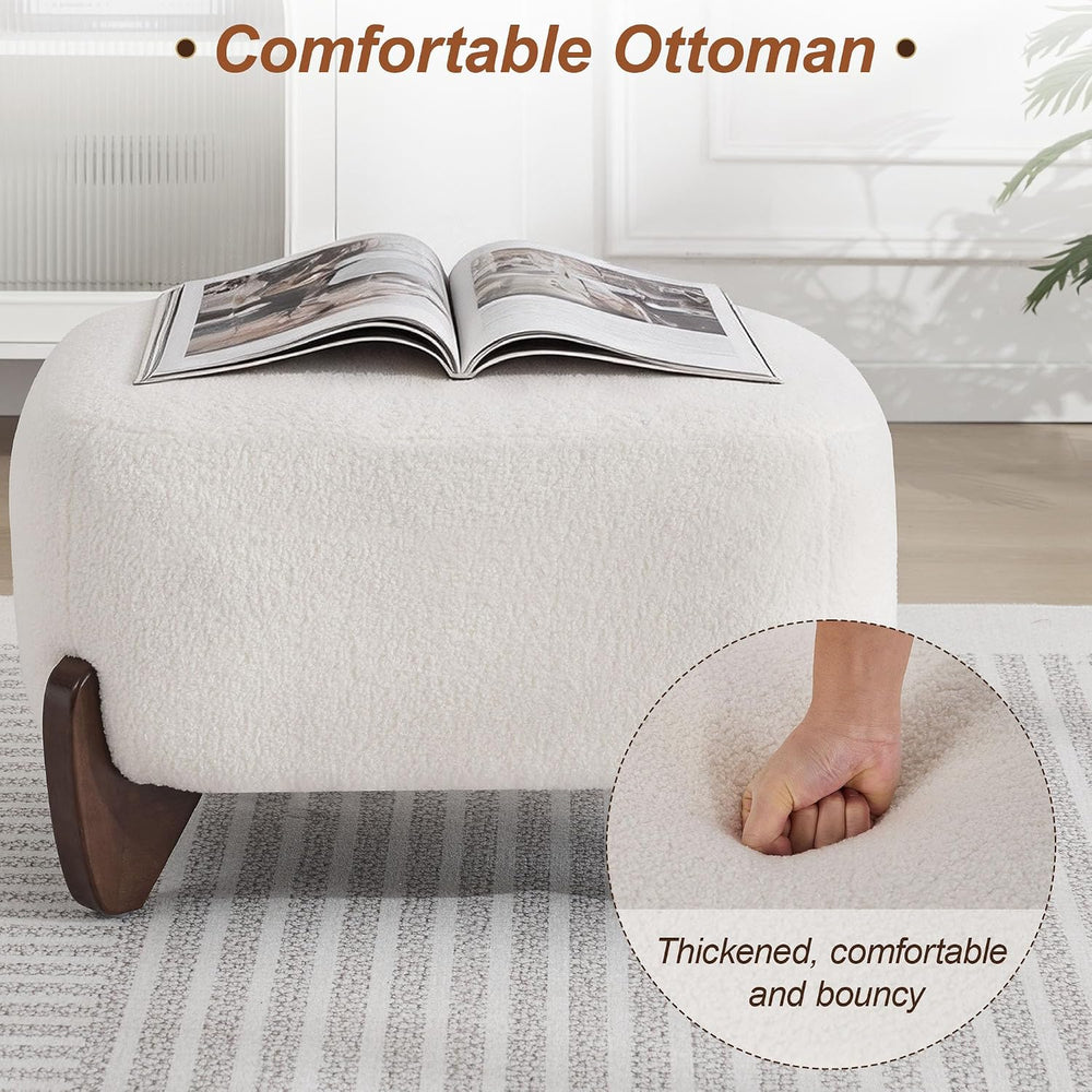 WUTUTUEE 28.7" Sherpa Boucle Ottoman with Solid Wood Legs, Modern Uphols...