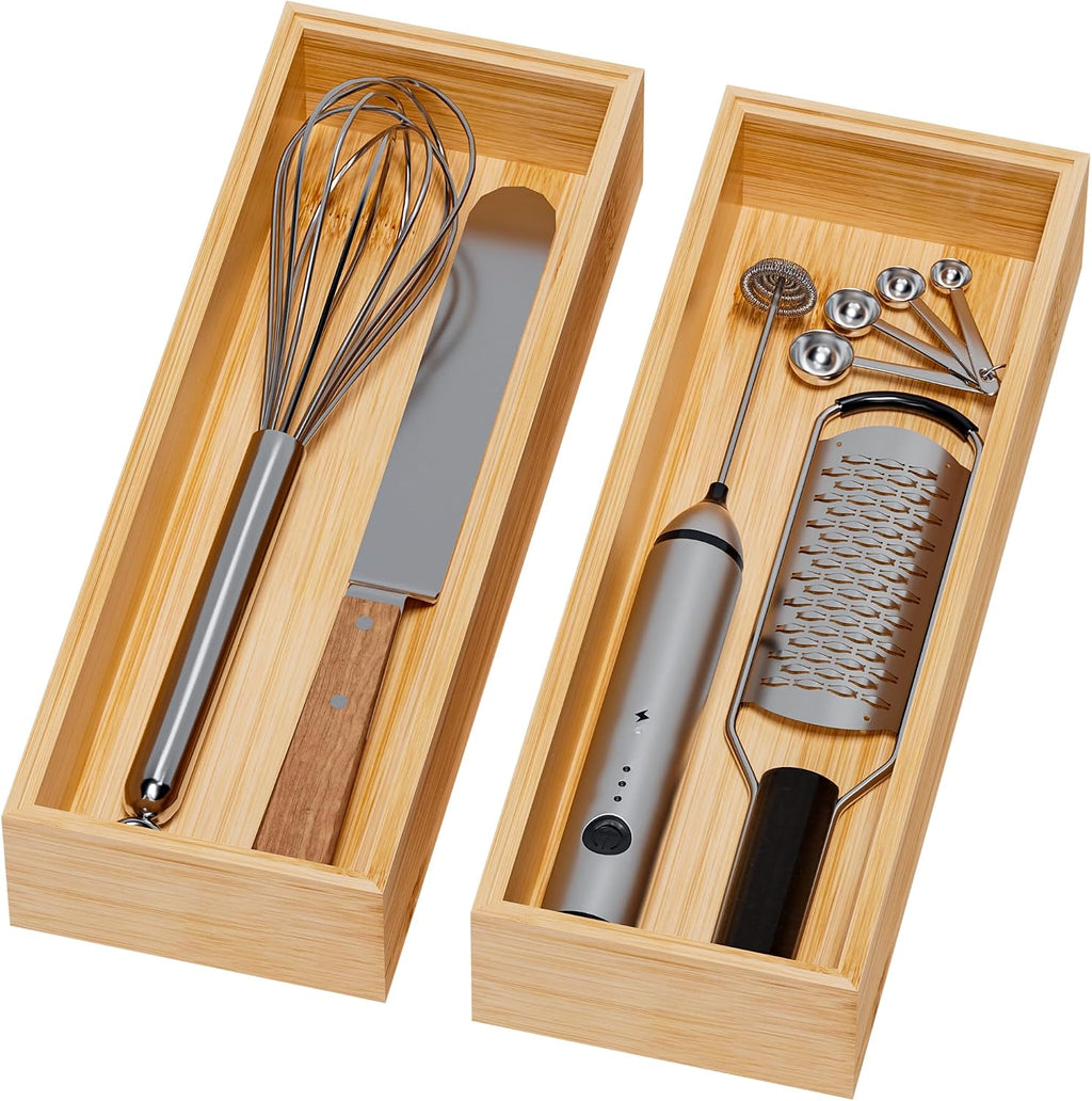 Kitchen Drawer Organizer Bins, Stackable Bamboo Deep Drawer Organizer for Silverware, Utensils, Cutlery, Flatware, Junk Drawer, Dresser, Bathroom, 14" x 5" x 2.5" (Set of 2)