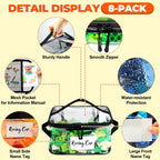 8 Pack Clear Toy Storage Bag with Name Tag& Manual Pocket, Wide-open Transparent PVC Toy Organizer Case with Portable Handle for Lego Bricks, Building Blocks, Board Games& Puzzles (Black)