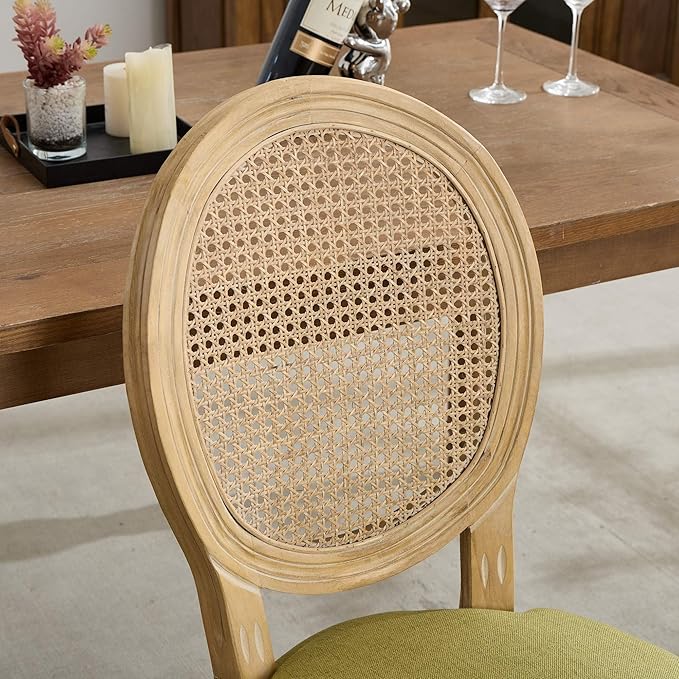 French Country Dining Chairs Set of 4,Farmhouse Upholstered Dining Room Chairs with Round Back and Solid Leg,Rattan Kitchen Chairs for Kitchen/Bedroom/Dining Room,Green