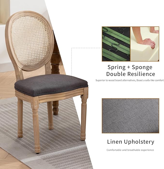 French Country Dining Chairs Set of 6, Gray Kitchen & Dining Room Chairs Set of 6, Rattan Dining Chairs, Cane Back, Wood Legs, Sillas De Comedor (Rattan, Grey, 6Pcs)