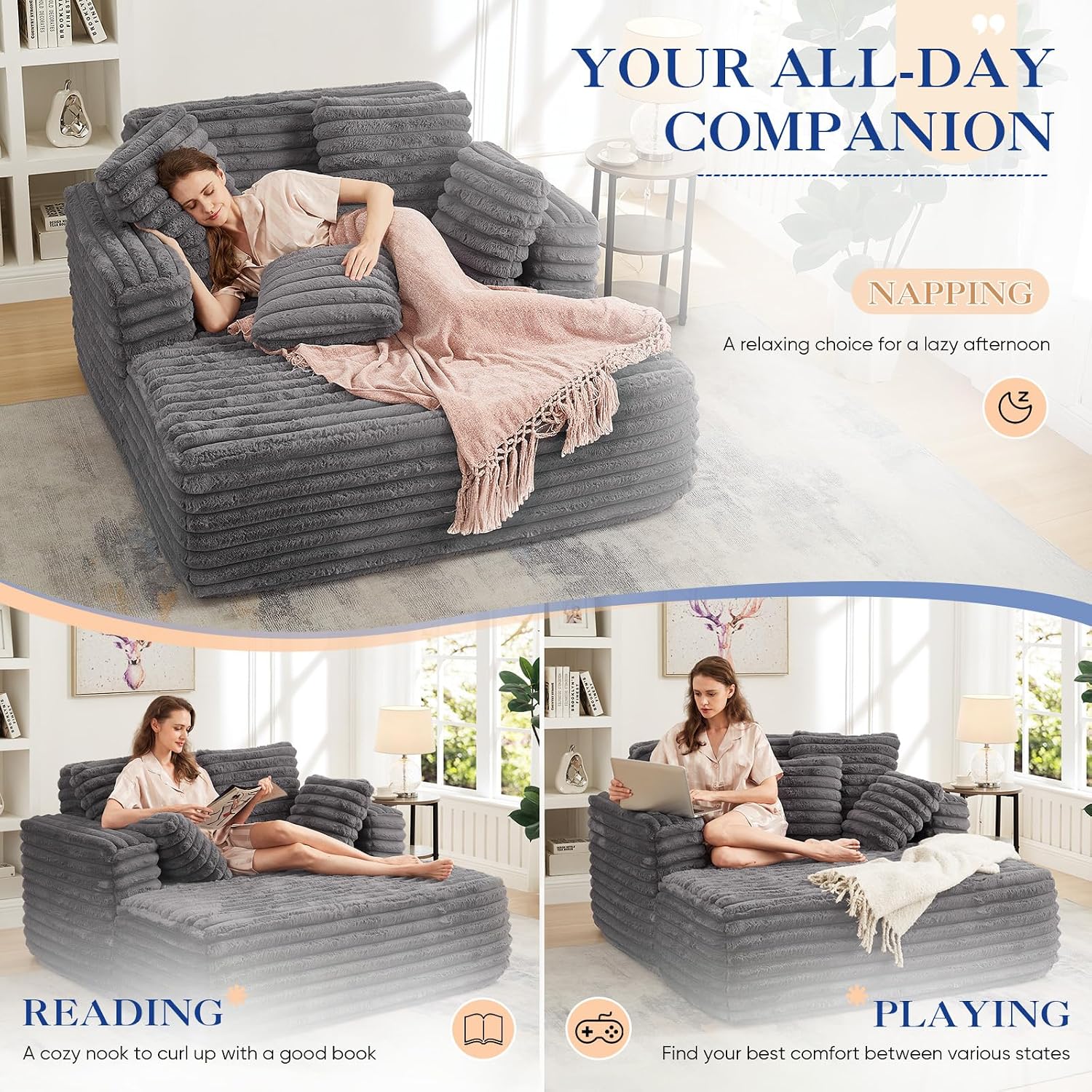 Oversized Chaise Lounge Indoor, Modern Plush Faux Fur Fabric Deep Seat Boneless Memory Foam Sleeper Chaise Lounge Sofa Chair with Pillows for Living Room Bedroom Studio, No Assembly Couch, Grey