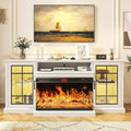 oneinmil 80'' Fireplace TV Stand with 3-Sided Glass, TV Cabinet for TVs up to 85", 80'' Modern Media Entertainment Center with Farmhouse Glass Door Storage Cabinets