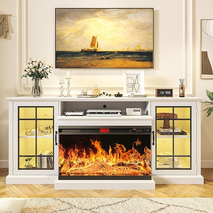 oneinmil 80'' Fireplace TV Stand with 3-Sided Glass, TV Cabinet for TVs up to 85", 80'' Modern Media Entertainment Center with Farmhouse Glass Door Storage Cabinets