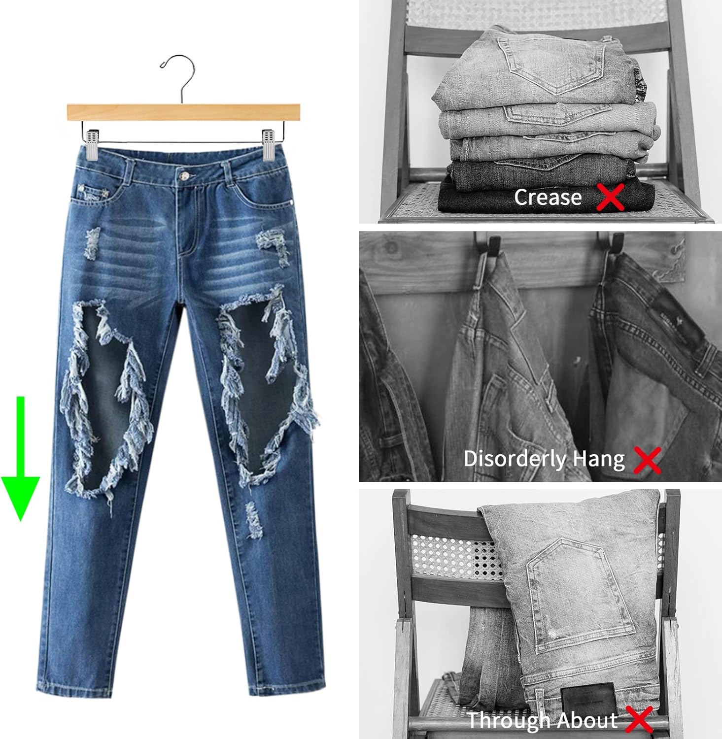 Nature Smile Deluxe Wooden Pants Hangers,Solid Lotus Wood Jeans Skirt Hanger with Clips Anti-Rust Hook Pack of 28（Natural）