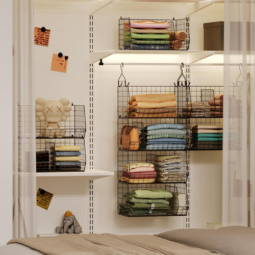 4 Tier Hanging Closet Organizer with Dividers,Extra Large Storage Hanging Shelf with 5 S Hooks 4 Dividers,Hang on Wire Closet Shelving Clothes Organizer-Black