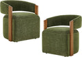 Upholstered Dining Chairs with Casters, Modern Barrel Side Armchair with Rollers & Wooden Armrest for Dining Room, Bedroom, Kitchen, Reading Room, Green, Set of 2