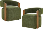 Upholstered Dining Chairs with Casters, Modern Barrel Side Armchair with Rollers & Wooden Armrest for Dining Room, Bedroom, Kitchen, Reading Room, Green, Set of 2