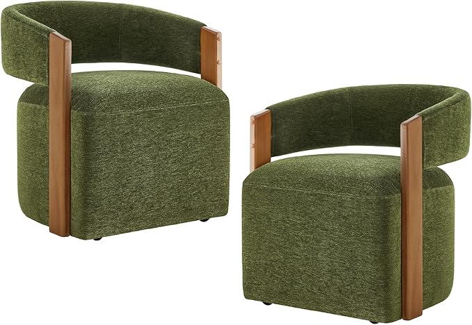 Upholstered Dining Chairs with Casters, Modern Barrel Side Armchair with Rollers & Wooden Armrest for Dining Room, Bedroom, Kitchen, Reading Room, Green, Set of 2