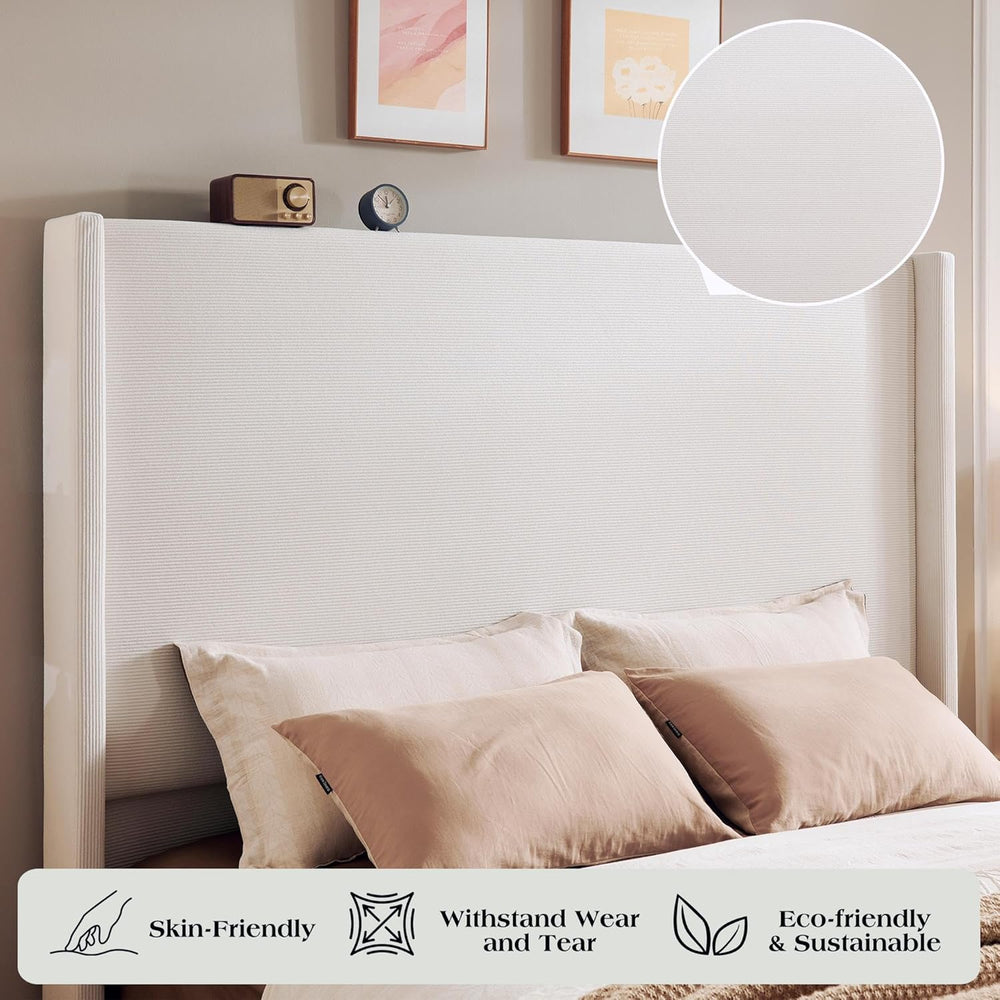 LUXOAK King Upholstered Bed Frame with 65" Headboard & Wingback, Cream