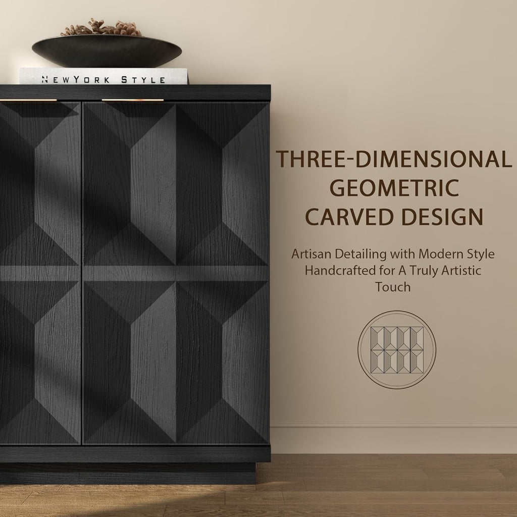 Yechen 118" Black Sideboard Buffet Cabinet with Storage, Modern Credenza with 3D Geometric Pattern Doors & Adjustable Shelves, Accent Wood Media Console Table for Living Room, Kitchen/2 Pieces