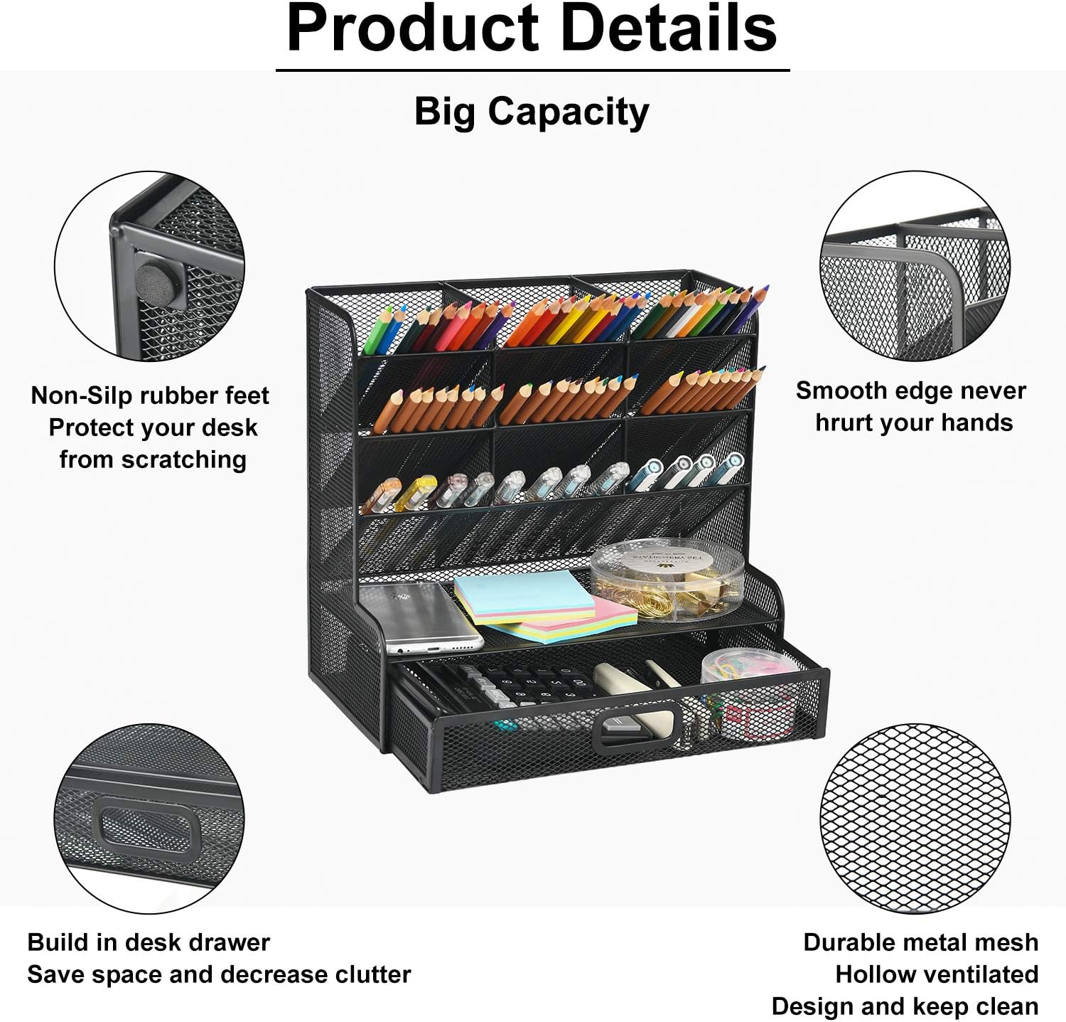 Marbrasse Mesh Pen Holder for Desk, Multi-Functional Pencil Organizer with Drawer, Desk Organizers and Accessories for Office Art Supplies (Large Black)