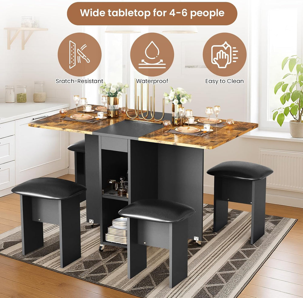 AWQM Folding Dining Table Set for 4, Storage Folding Table & Chair, Walnu...