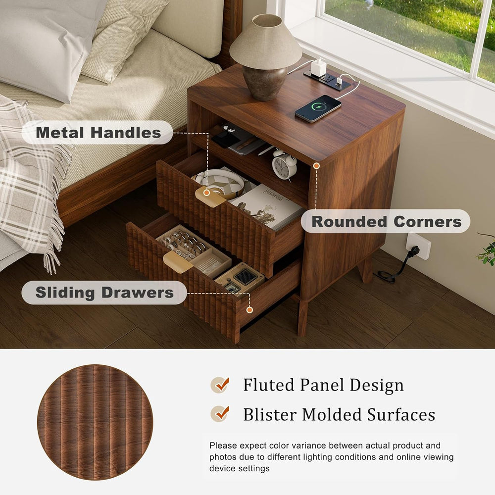 LYNCOHOME Fluted Nightstand with Charging Station, 19.7 inch Wide End Table w...