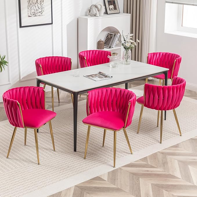 Velvet Dining Chairs Set of 6, Modern Upholstered Dining Chairs with Gold Metal Legs for Dining Room, Vanity, Kitchen, Living Room(Rose Red)