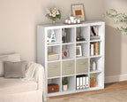 furtble Bookshelf with Storage Bins, 16-Cube Storage Organizer with Back Panels, Modern Wood Open Bookcase, Multifunctional Display Shelf for Living Room, Bedroom, Home Office, White