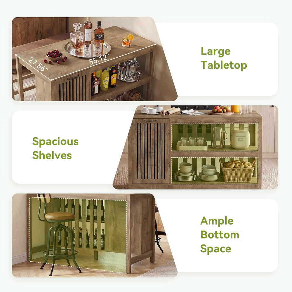 LITTLE TREE 55" Kitchen Island with Trash Can Storage, 3-Tier Island Tab...