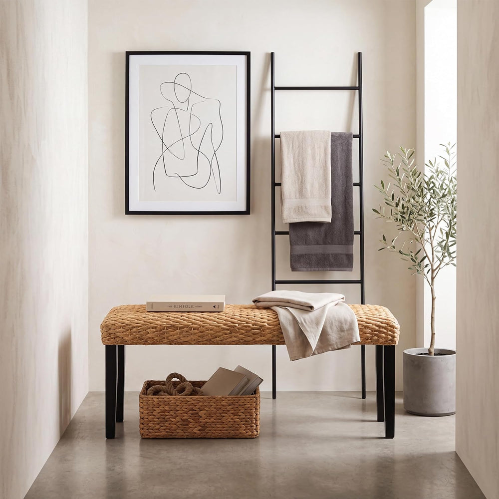 Solid Wood Acacia Indoor Bench, Water Hyacinth Seat, Black Leg, Plait Style |...