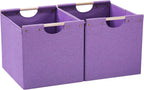 HOONEX Large Foldable Storage Bins, Linen Fabric, Pack of 2, Storage Baskets with Wooden Carry Handles and Sturdy Heavy Cardboard, for Home, Office, Car, Nursery, Purple