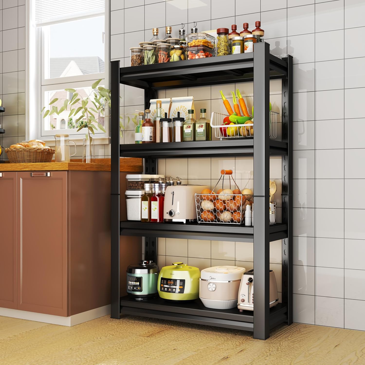 Storage Shelves, Garage Metal Shelving Unit, Adjustable, Double-Layer Column with Reinforced Ribs, Heavy-Duty, Capable of Bearing 2400 lbs, Suitable for Garage, Warehouse, Kitchen Storage
