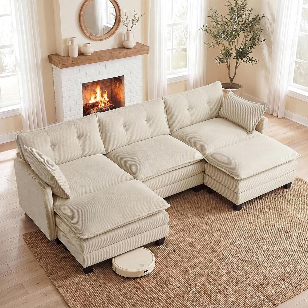 Amsleekey 111.5" U Shaped Modular Sectional Sofa, Beige Corduroy | Cloud...