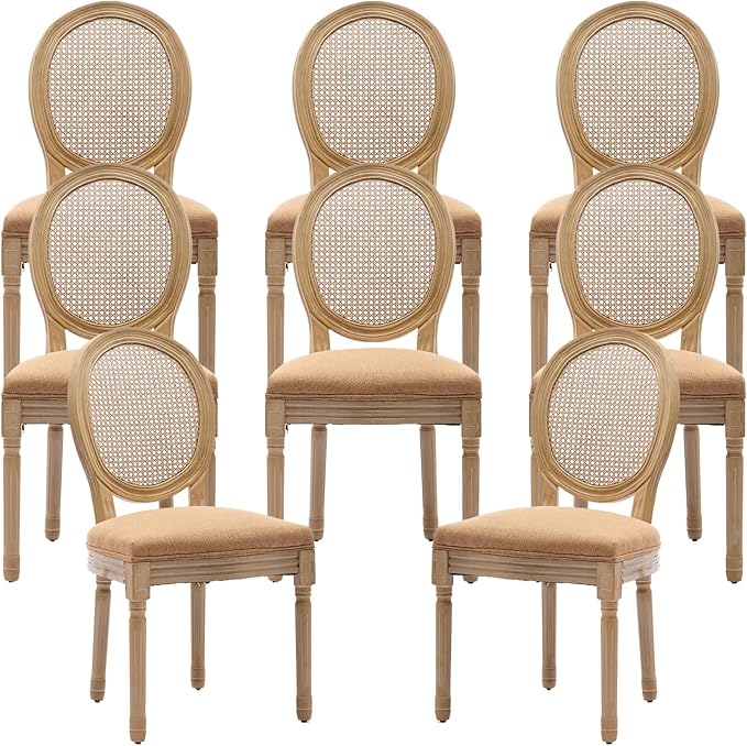 French Country Dining Chairs Set of 8, Caramel Kitchen & Dining Room Chairs Set of 8, Rattan Dining Chairs, Cane Back, Wood Legs, Sillas De Comedor (Rattan, Amber, 8Pcs)