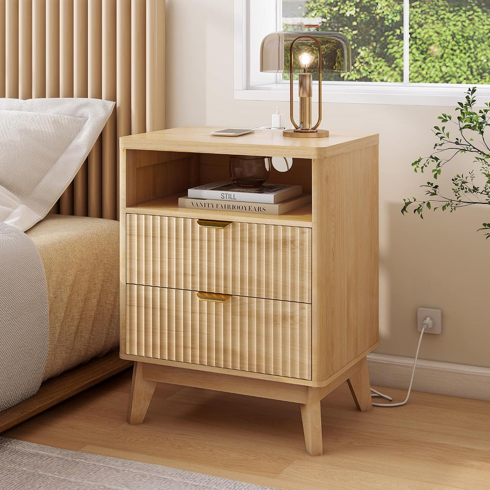 LYNCOHOME Fluted Nightstand with Charging Station, 19.7 inch Wide End Table w...