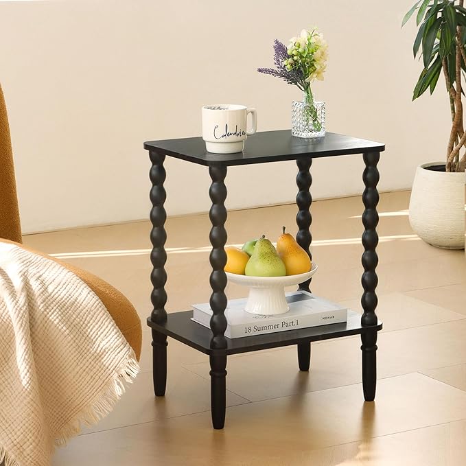 Black Side Table, Small End Table with 2-Tier Shelf, Vintage Night Stand with...