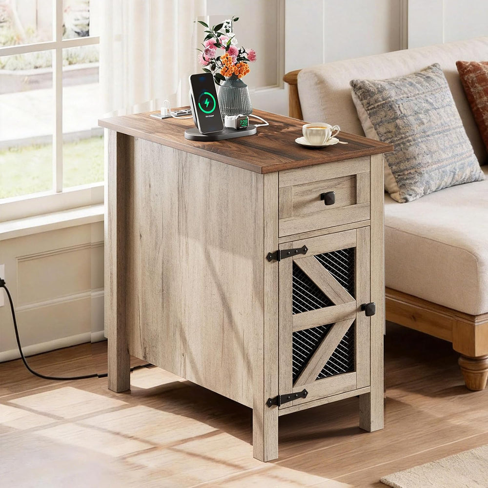HAIOOU Farmhouse End Table with Charging Station, Narrow Side Tables with Sto...
