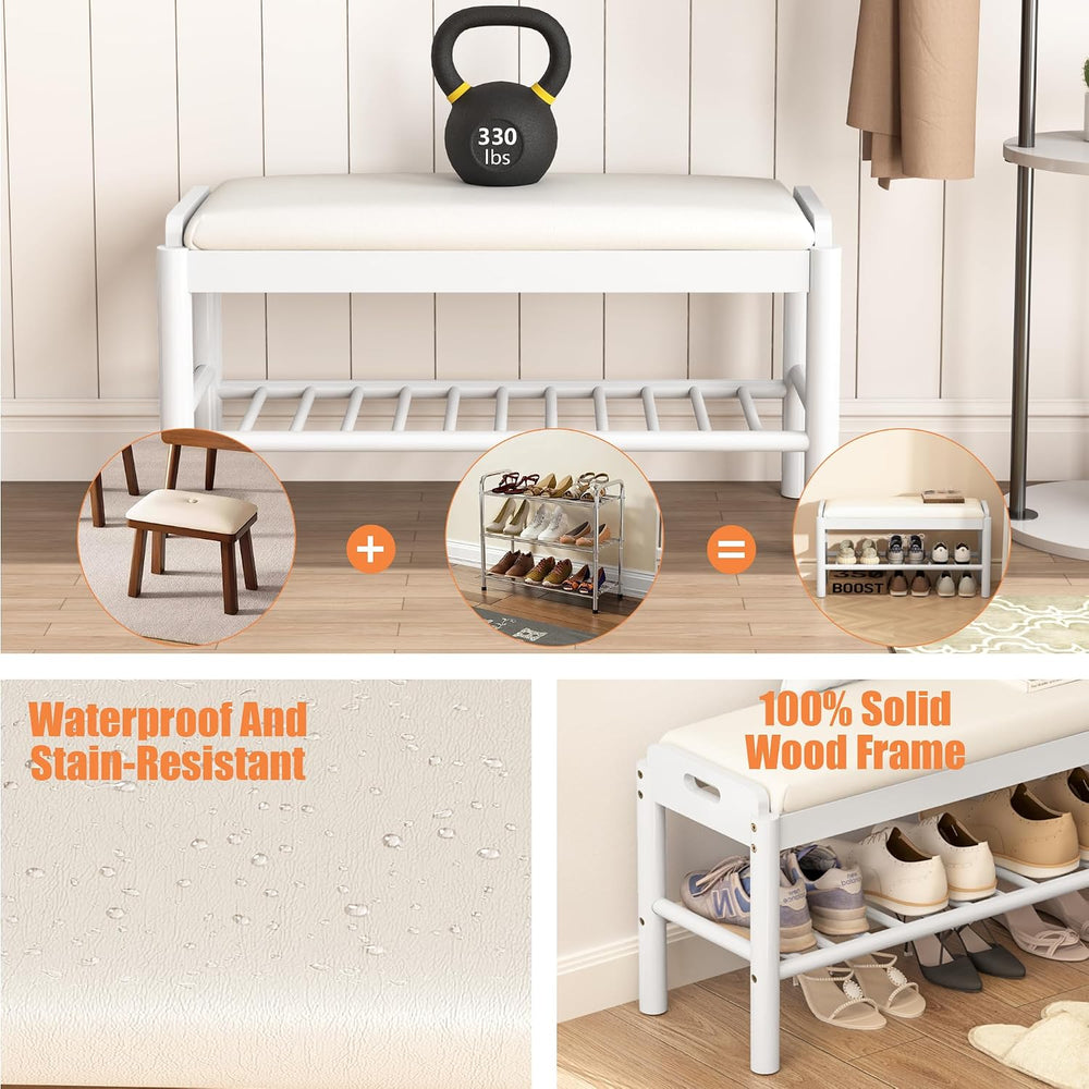 Shoe Storage Bench with Cushion - 2 Tier Shoe Rack for Front Door Entrance, W...