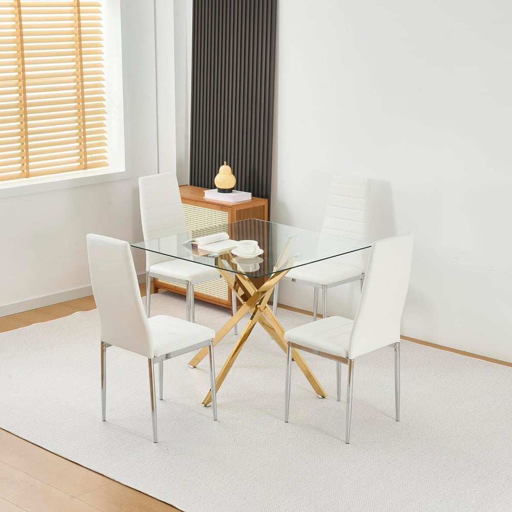 Square Glass Dining Table,Glass Dining Room Table with Metal Legs, Modern Gla...