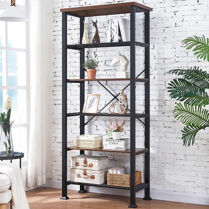 HOMBAZAAR 6 Tier Bookshelf,Rustic Brown Industrial Book Shelf,Engineered Wood and Metal Deep Bookcases,Tall Shelf Bookcase for Living Room,Office,Bedroom and Kitchen