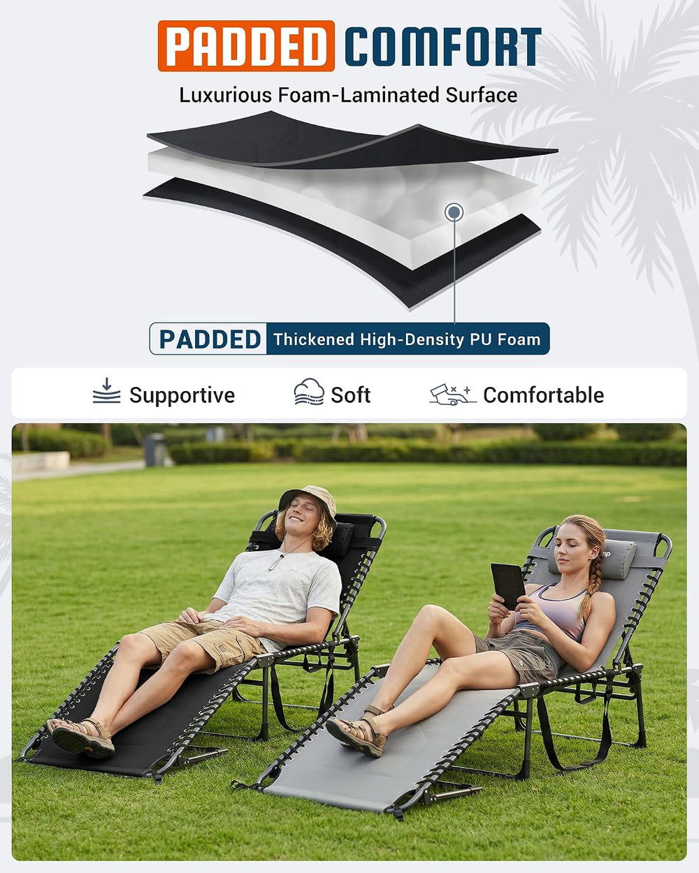 KingCamp Oversized Tanning Chair Padded Lounge Chair, Black | Extra-Wide Padd...