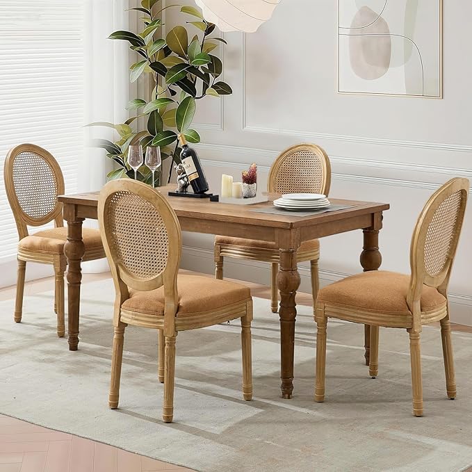 Rattan Back Upholstered Dining Chairs Set of 4 French Country Oval Kitchen Side Chairs with Wood Legs for Dining Room, Kitchen, Restaurant(Tan-Rattan)