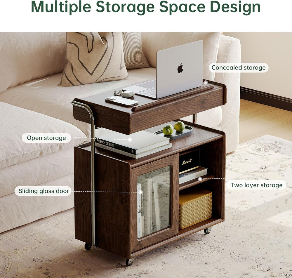 Solid Wood Side Table for Living Room, Bedroom, Walnut | Movable, Flip Top, 7...