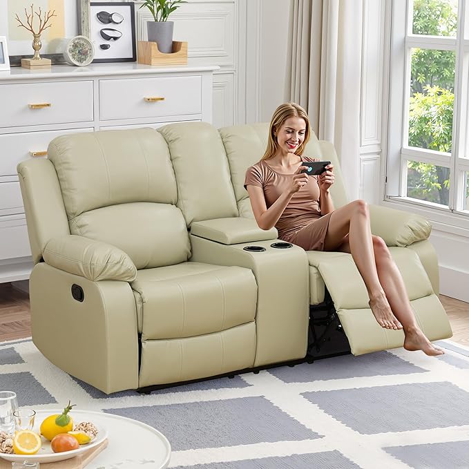 Recliner Sofa Set Couches for Living Room Chair Recycled Leather Fabric Living Room Furniture Sets, Adjusted Loveseat Reclining Couch Furniture Sofa Set for Theater Seating, Beige