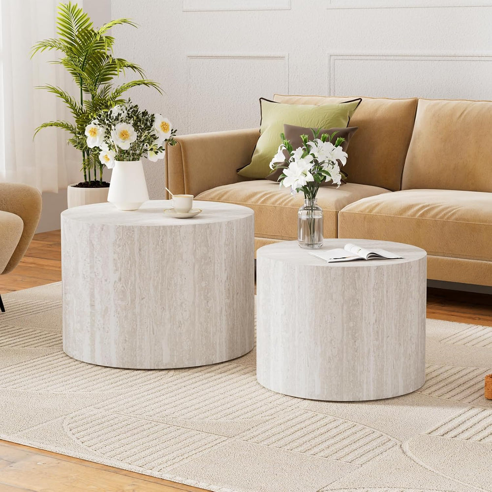 Travertine Round Nesting Coffee Table Set of 2 | Faux Travertine Drum Style W...