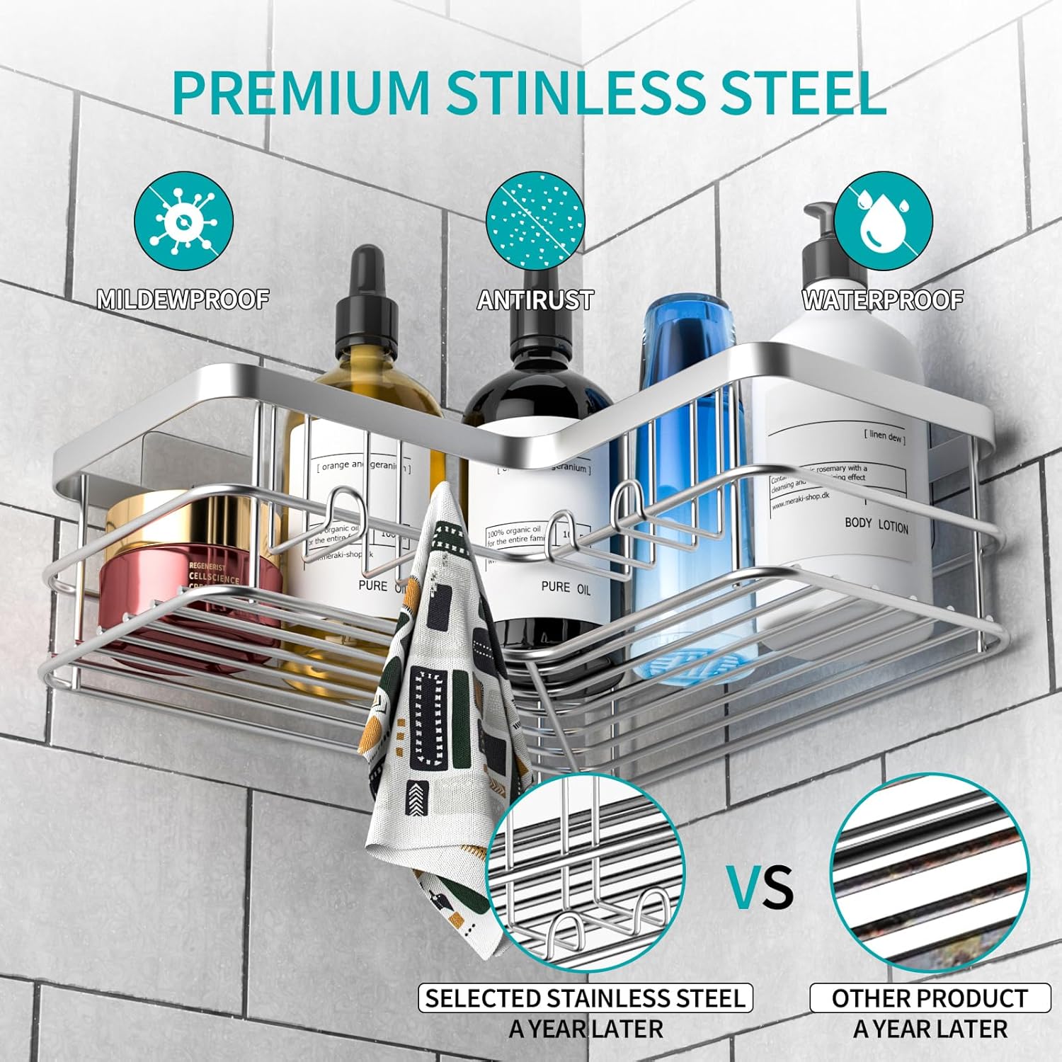 Yazoni Corner Shower Caddy, 4-Pack Adhesive Shower Shelves with Soap Holder No Drilling, Rustproof Bathroom Shower Organizer Storage, Silver
