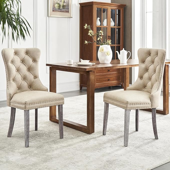 Kiztir Leather Dining Chairs Set of 2, Upholstered Dining Chair with Nailhead Trim and Solid Wood Legs, Luxury Wingback Dining Side Chair for Living Room, Bedroom, Kitchen (Beige)