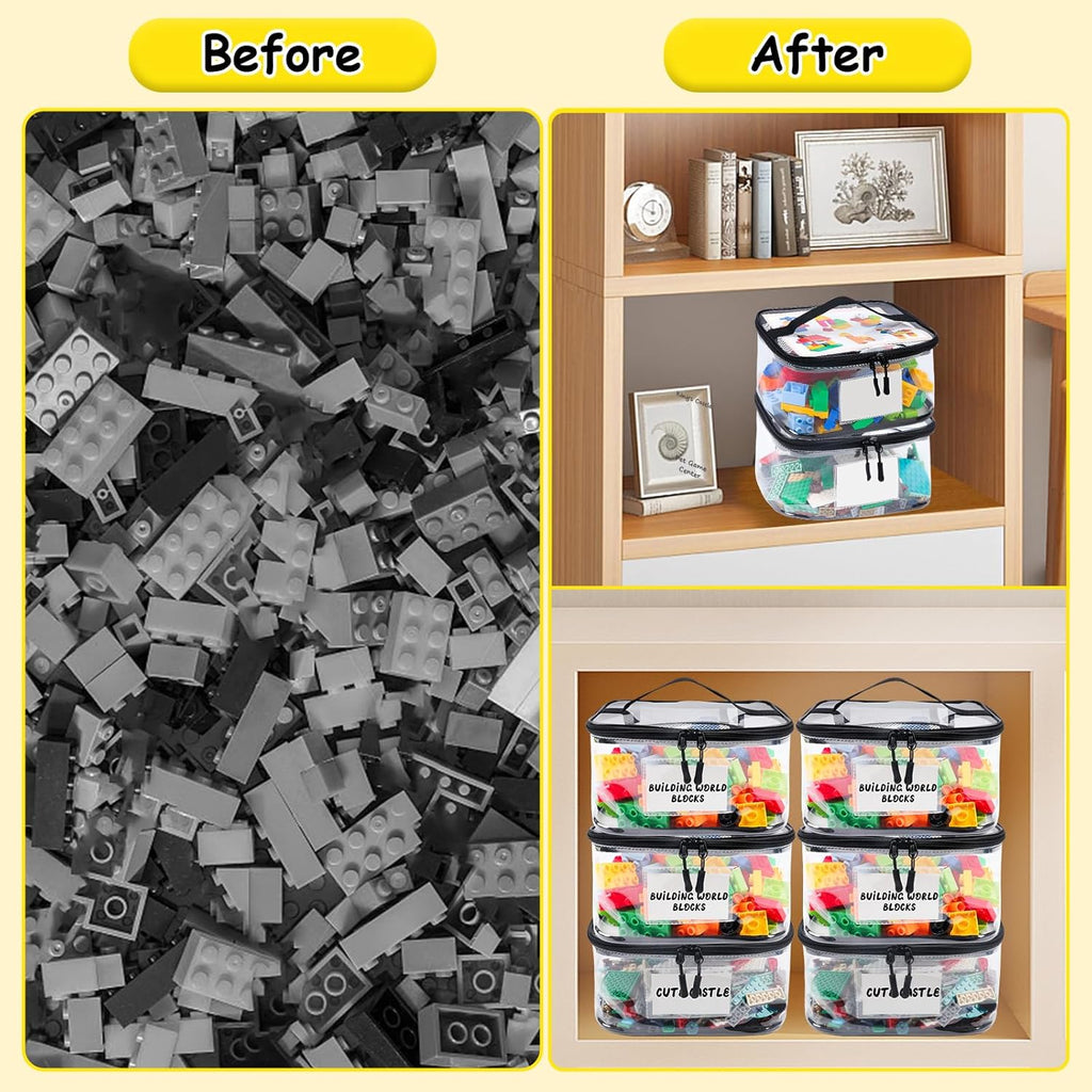 6 Pack Clear Toy Storage Bag with Name Tag& Manual Pocket, Waterproof Transparent PVC Toy Organizer Case for Lego Bricks, Board Games, Building Blocks, Puzzles (Large Capacity, Black)